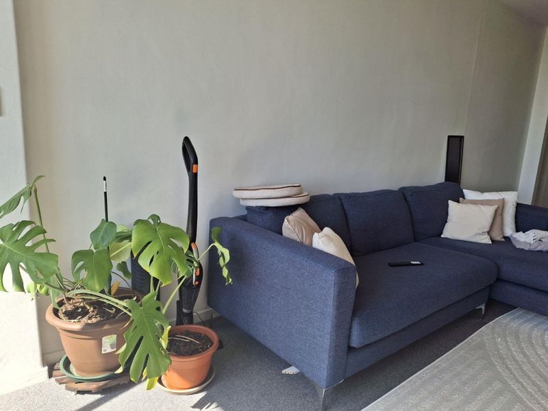 A living room area featuring neutral wall finishes and carpeted flooring.