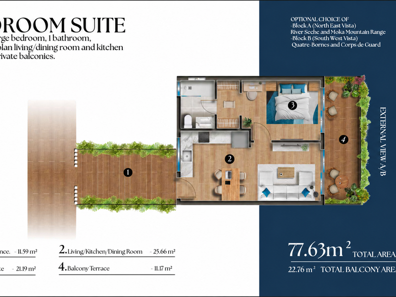 Architectural floor plan for a one-bedroom apartment suite featuring an open-plan living area, kitchen, bathroom, and two private balconies.