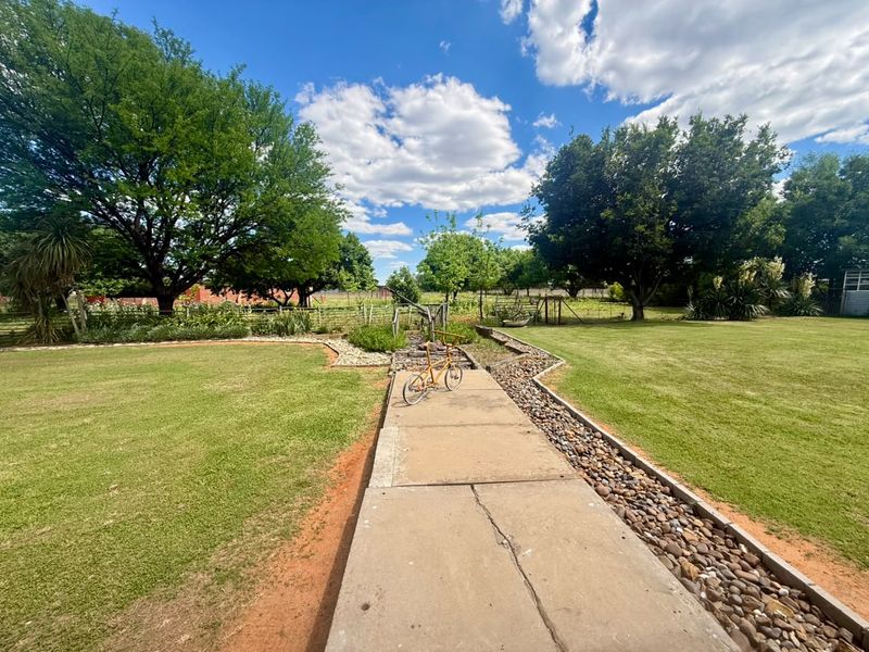 A spacious, well-maintained garden featuring a central concrete pathway, stone-lined drainage borders, and mature trees set against a clear blue sky.