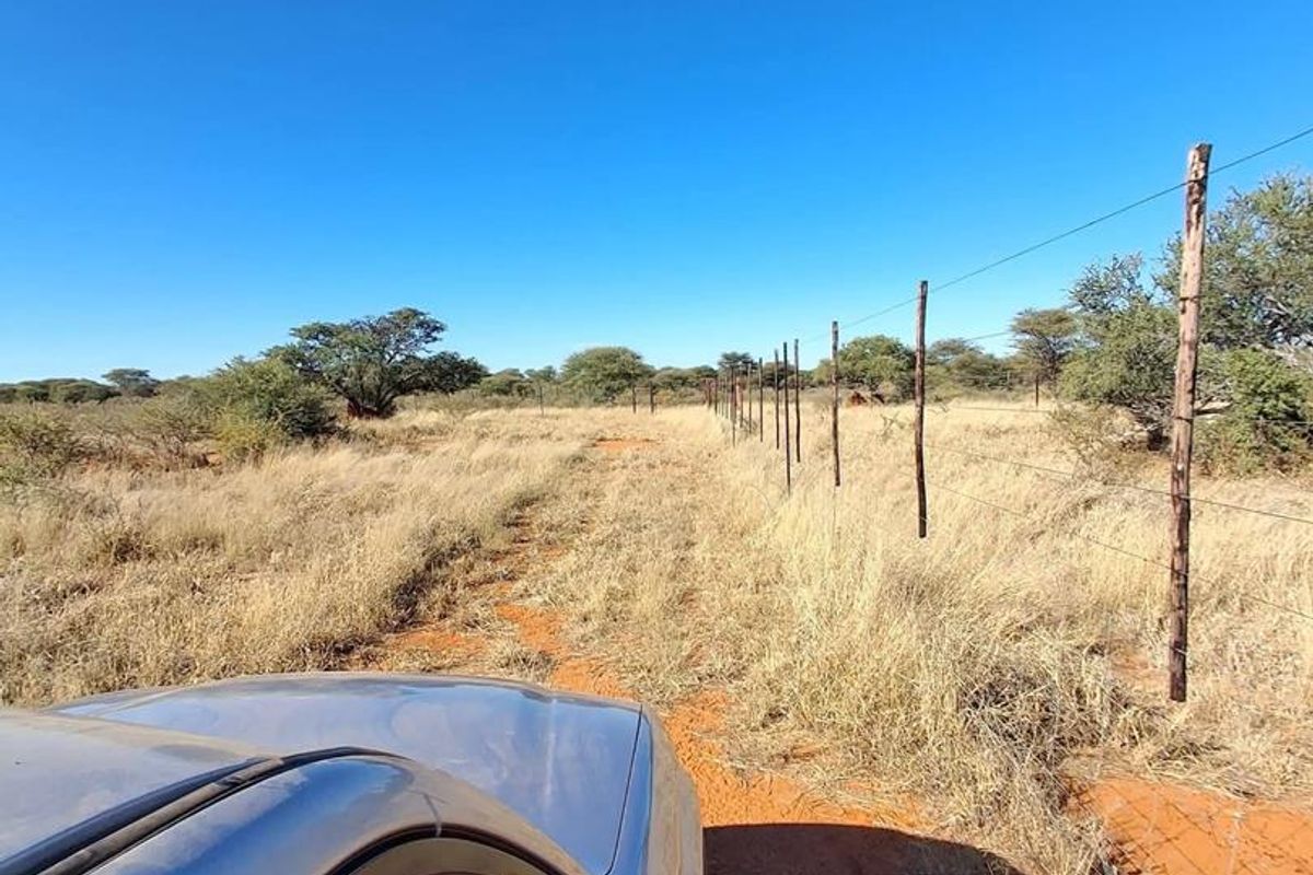 A view of the farm property boundary featuring a wire fence with wooden posts running along the edge of the veld.