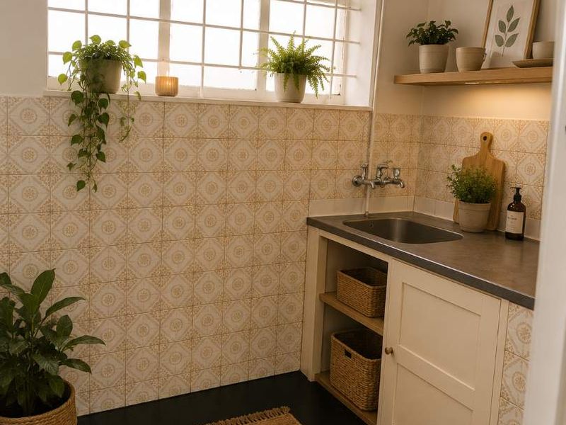A functional laundry area featuring a stainless steel sink, built-in cabinetry, and a wall-mounted electric water heater with decorative tiled splashback.
