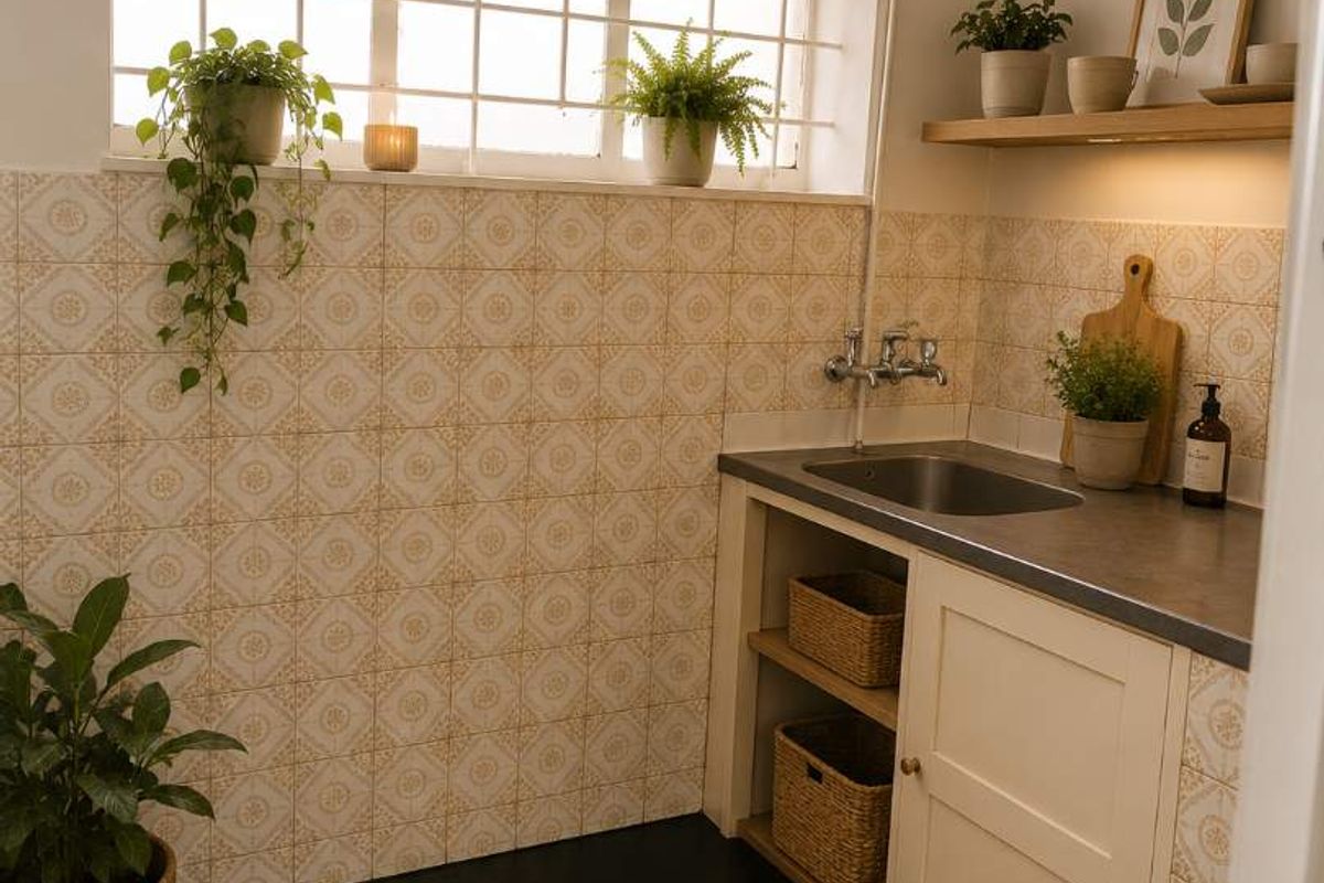 A functional laundry area featuring a stainless steel sink, built-in cabinetry, and a wall-mounted electric water heater with decorative tiled splashback.