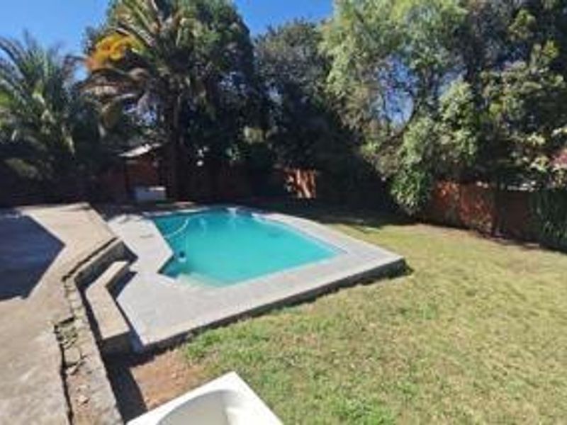 Outdoor pool area featuring a swimming pool with concrete surround, retaining wall, and surrounding lawn area.