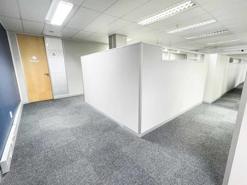 A clean, vacant office space featuring neutral partition walls, grey carpeting, and a suspended ceiling with integrated lighting.