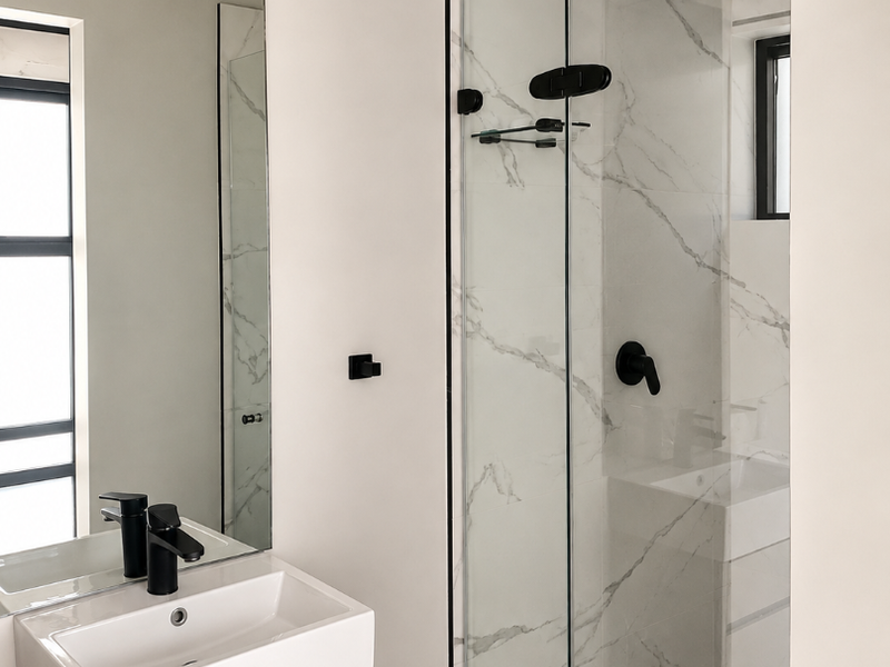 Modern bathroom featuring a sleek vanity with basin, wall-mounted mirror, and a glass-enclosed shower with contemporary black fixtures and marble-look tiling.