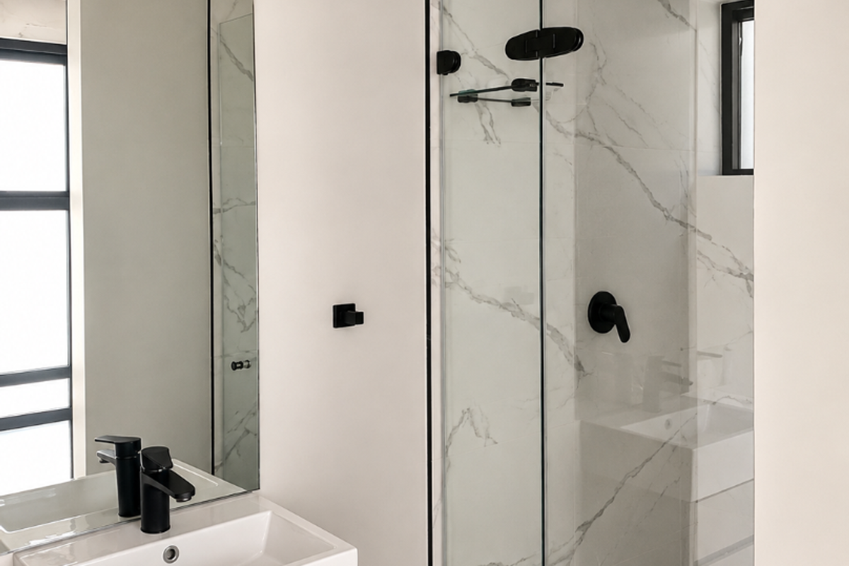 Modern bathroom featuring a sleek vanity with basin, wall-mounted mirror, and a glass-enclosed shower with contemporary black fixtures and marble-look tiling.