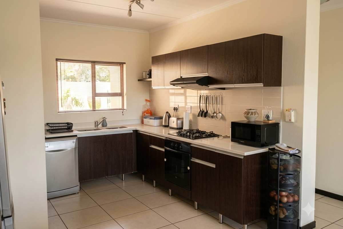 A functional kitchen featuring dark wood cabinetry, white countertops, a gas hob, built-in oven, and tiled flooring with a window for natural light.