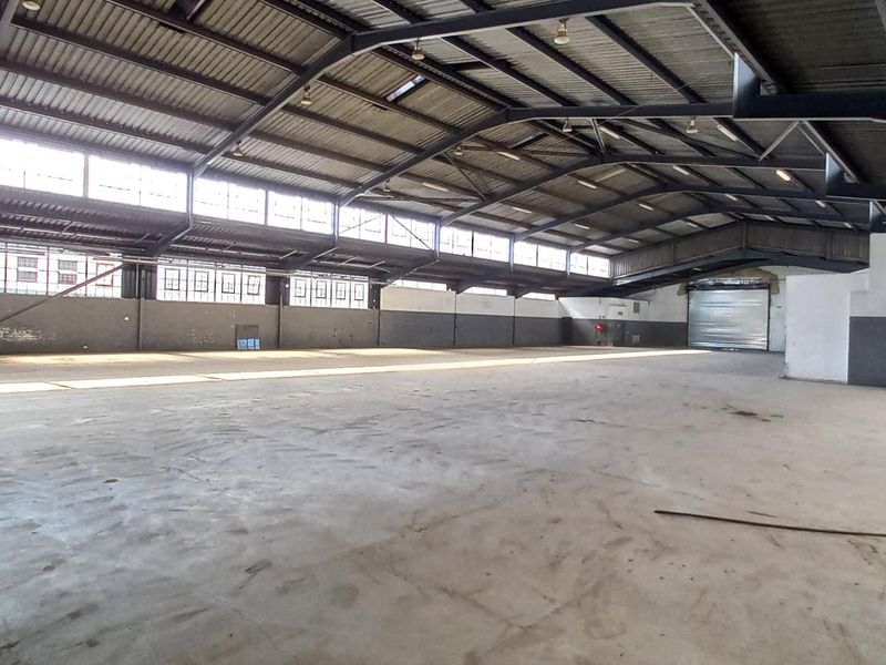 Expansive industrial warehouse space featuring high vaulted ceilings, exposed steel trusses, ample natural light from clerestory windows, and a large roller shutter door.