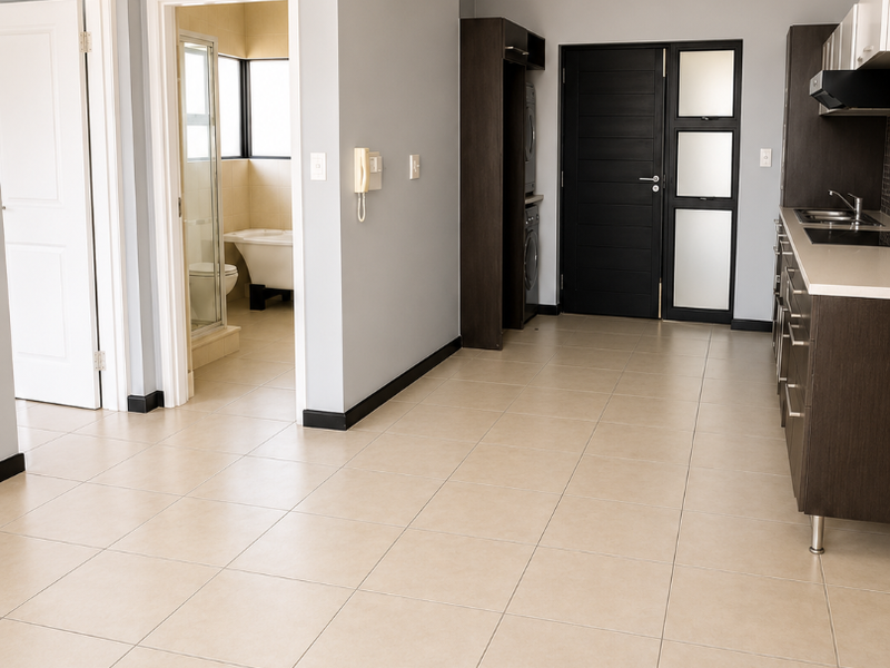 An open-plan living and kitchen area featuring neutral tiled flooring, modern dark cabinetry, and direct access to an adjacent bathroom.