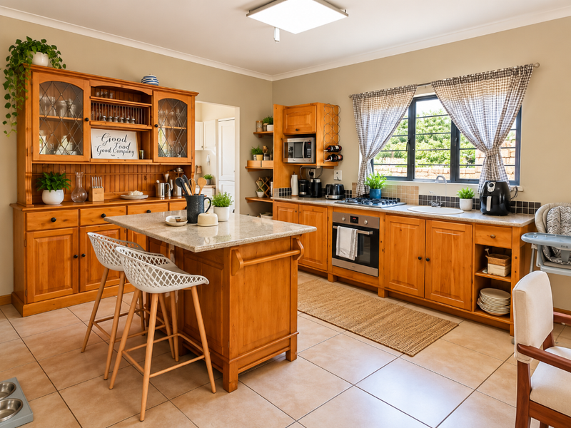 A warm, traditional kitchen featuring solid wood cabinetry, granite countertops, a central island, and integrated appliances, offering a functional and inviting cooking space.