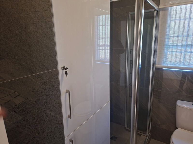 Modern bathroom featuring a glass shower enclosure, white built-in cabinetry, and dark grey wall tiling.