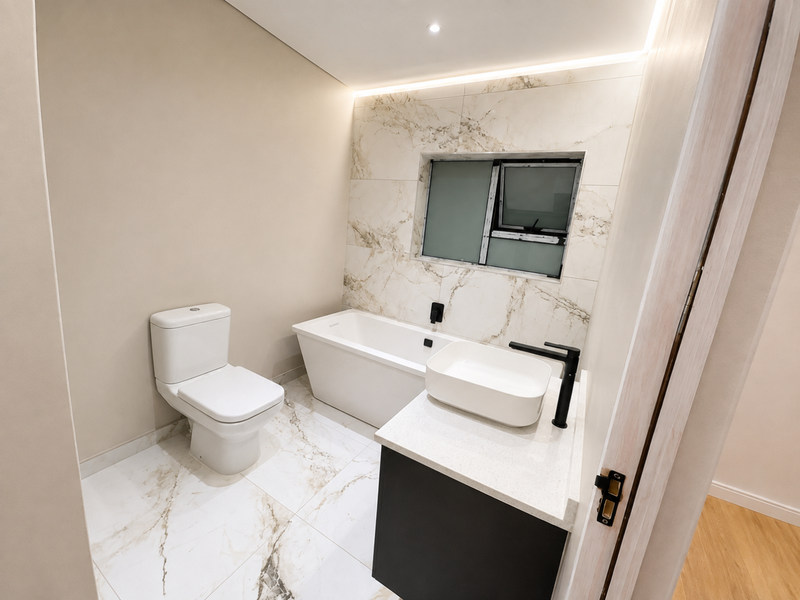 Modern bathroom featuring a freestanding bathtub, vessel sink on a vanity cabinet, and elegant marble-look tiling with contemporary black fixtures.