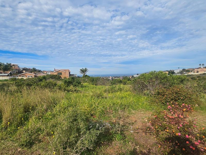 A wide-angle view of the vacant residential land featuring natural coastal vegetation and distant ocean views.