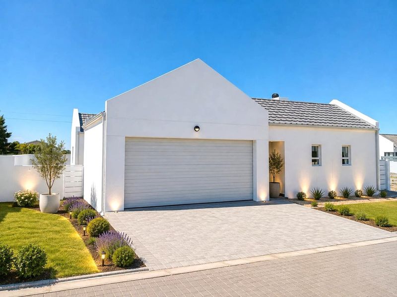 Modern front facade featuring a paved driveway, automated garage door, and well-maintained landscaped garden with integrated exterior lighting.