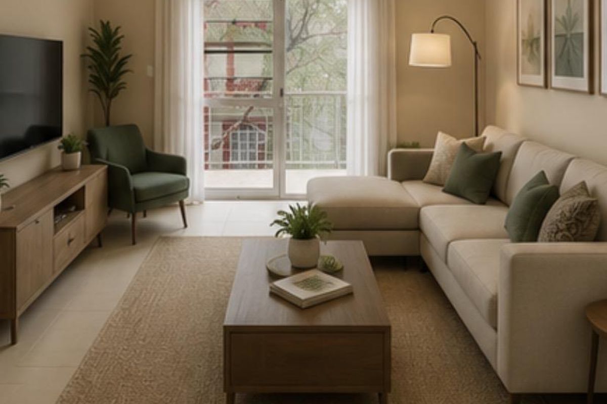 A well-lit, modern living room featuring neutral tiled flooring and a large sliding glass door providing access to a balcony.