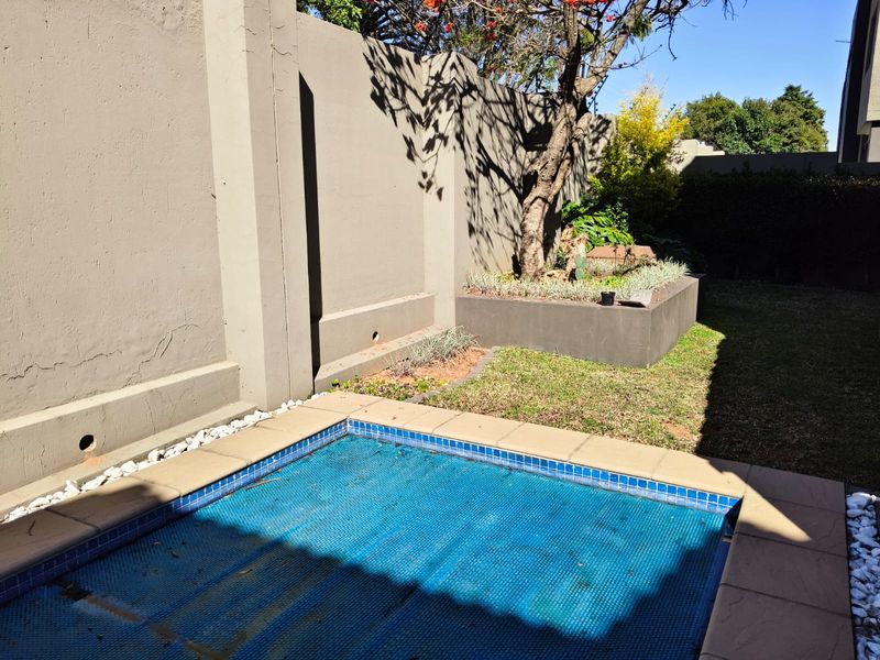 A private outdoor pool area featuring a small swimming pool with coping, a raised garden bed, and a high boundary wall.