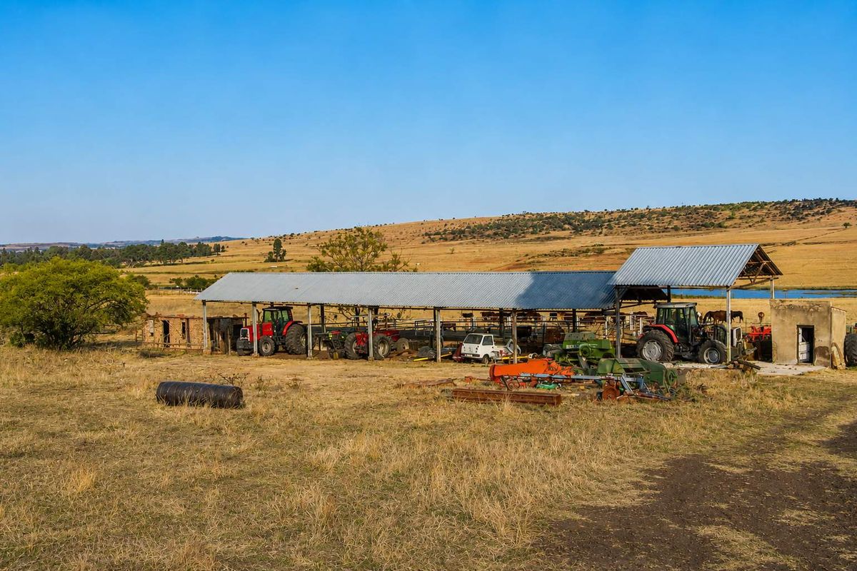 An open-sided farm utility shed with a corrugated metal roof and concrete flooring, situated in a rural landscape.