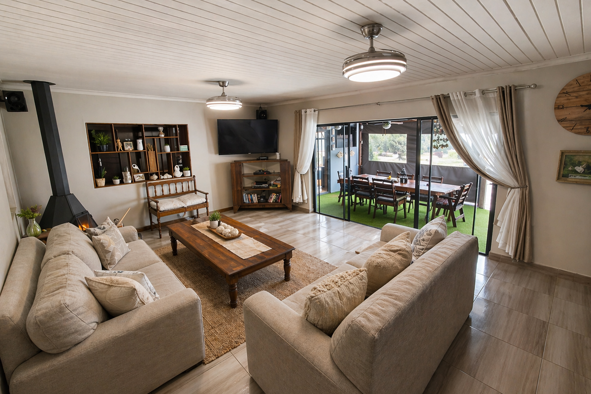Spacious living room featuring a built-in fireplace, tiled flooring, and large sliding glass doors that open onto an outdoor patio area.