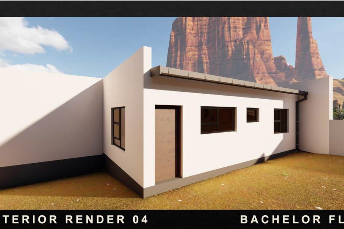 A digital architectural render of a modern bachelor flat exterior featuring clean lines, dark window frames, and a minimalist facade.