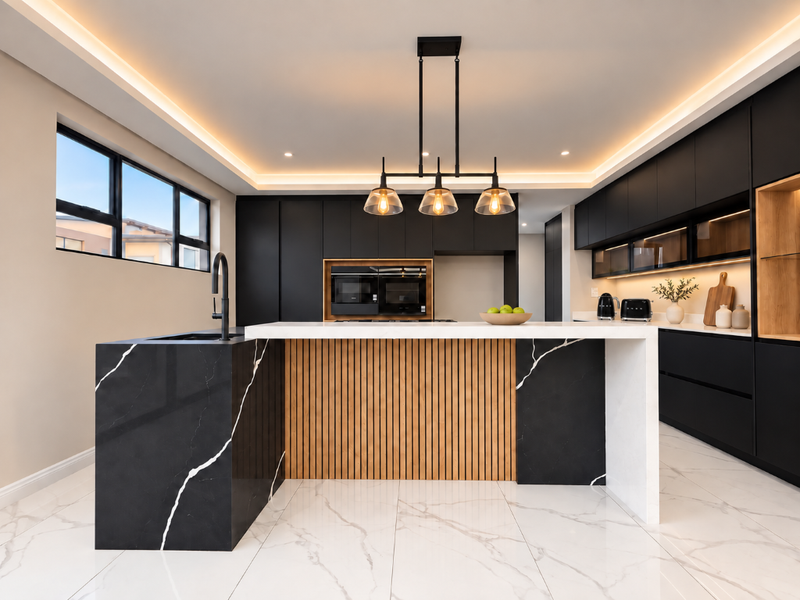 Modern kitchen featuring a striking black marble waterfall island, sleek matte black cabinetry, integrated appliances, and elegant pendant lighting over a spacious breakfast bar.