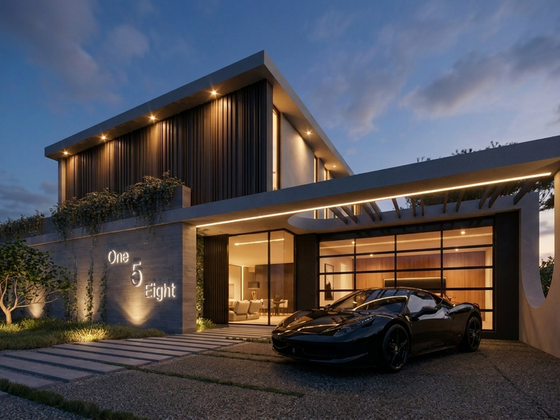 A striking modern architectural home exterior at dusk, featuring clean lines, integrated lighting, stone accents, and a sleek glass garage door.