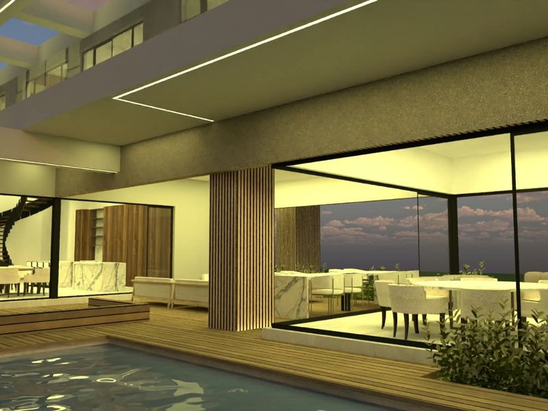 Modern outdoor pool area featuring timber decking, integrated lighting, and expansive glass walls connecting to the interior living spaces.