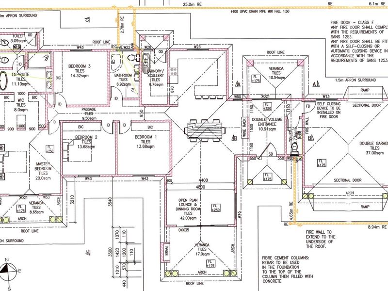 Architectural floor plan detailing the layout of a residential property, including bedrooms, living areas, kitchen, garage, and outdoor veranda spaces.