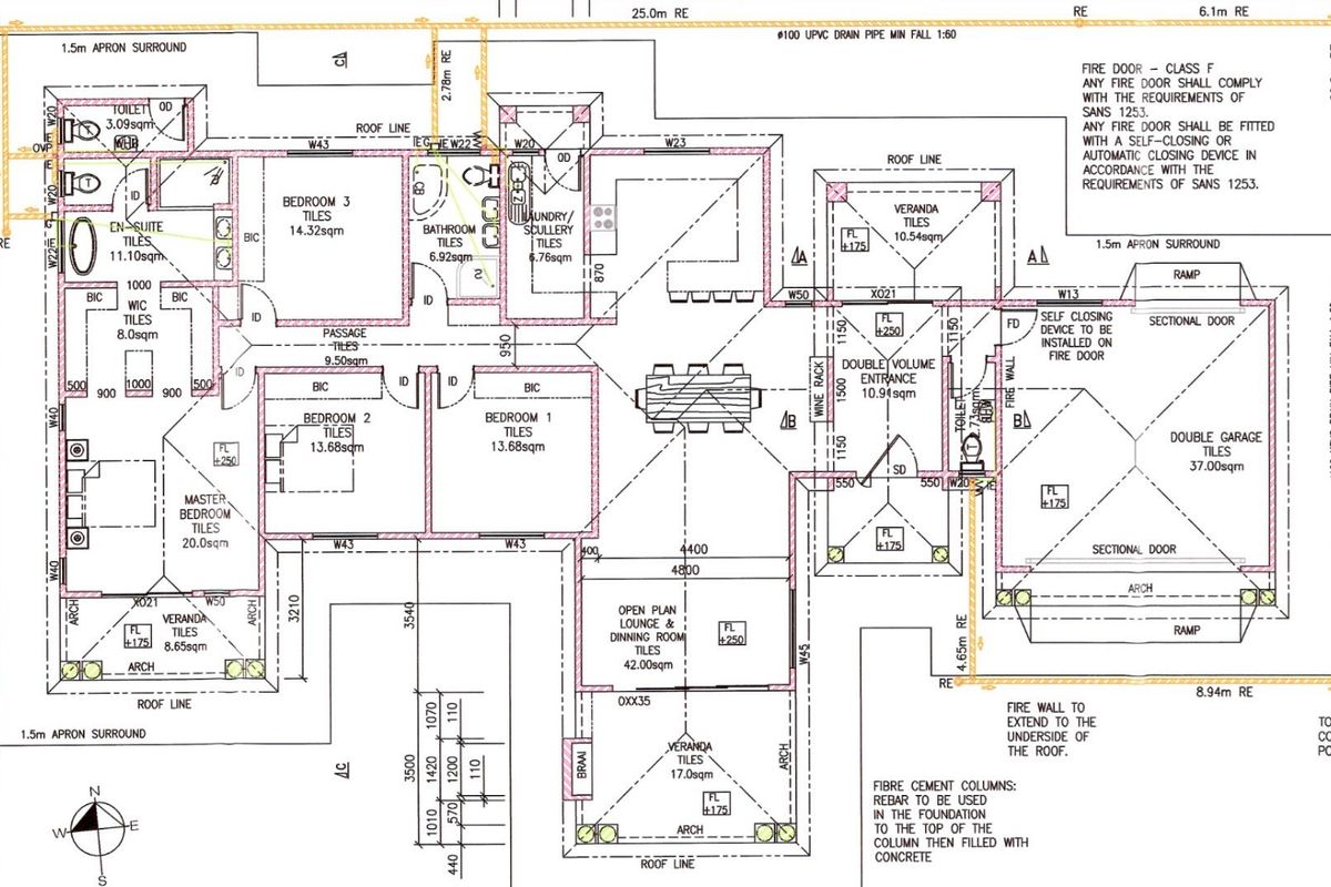 Architectural floor plan detailing the layout of a residential property, including bedrooms, living areas, kitchen, garage, and outdoor veranda spaces.