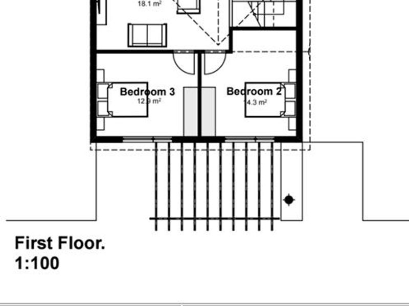 Architectural floor plan for the first floor of a townhouse, detailing the layout of three bedrooms, two bathrooms, and a lounge area.