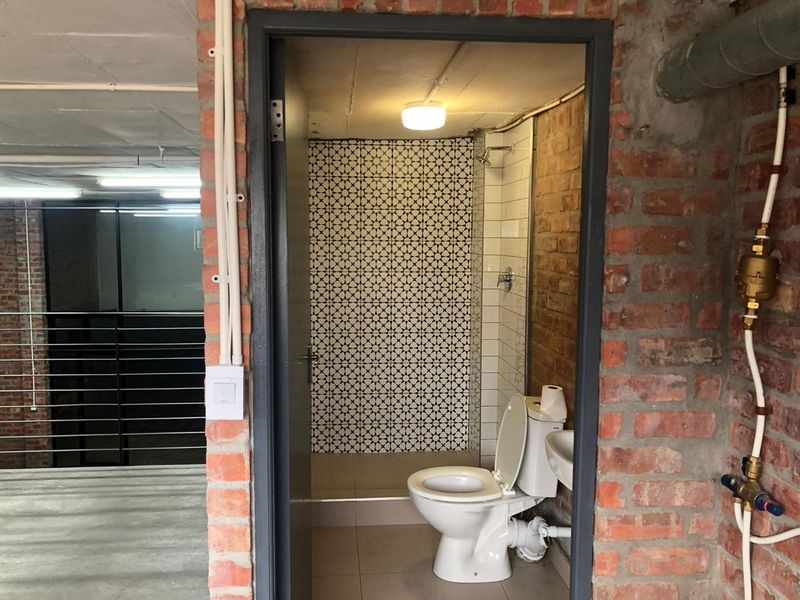 A compact bathroom featuring exposed brick walls, patterned tile accents, a shower, toilet, and wash basin, set within an industrial-style interior space.