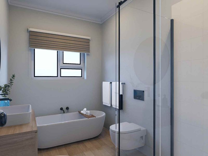 Modern bathroom featuring a sleek freestanding bathtub, wall-mounted toilet, walk-in shower with glass enclosure, and a contemporary vanity with vessel sink.