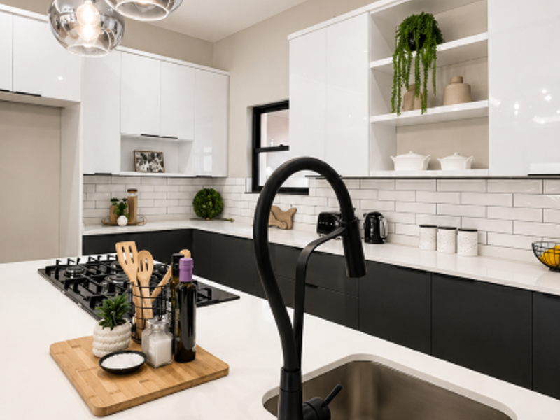 Modern kitchen featuring a large island with quartz countertops, a gas hob, undermount sink, and sleek black and white cabinetry with subway tile backsplash.