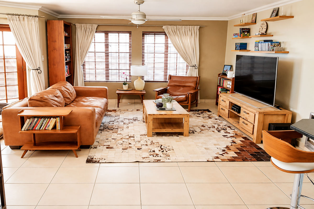 A well-maintained living room featuring tiled flooring, a ceiling fan, and direct access to an outdoor area through wooden-framed french doors.