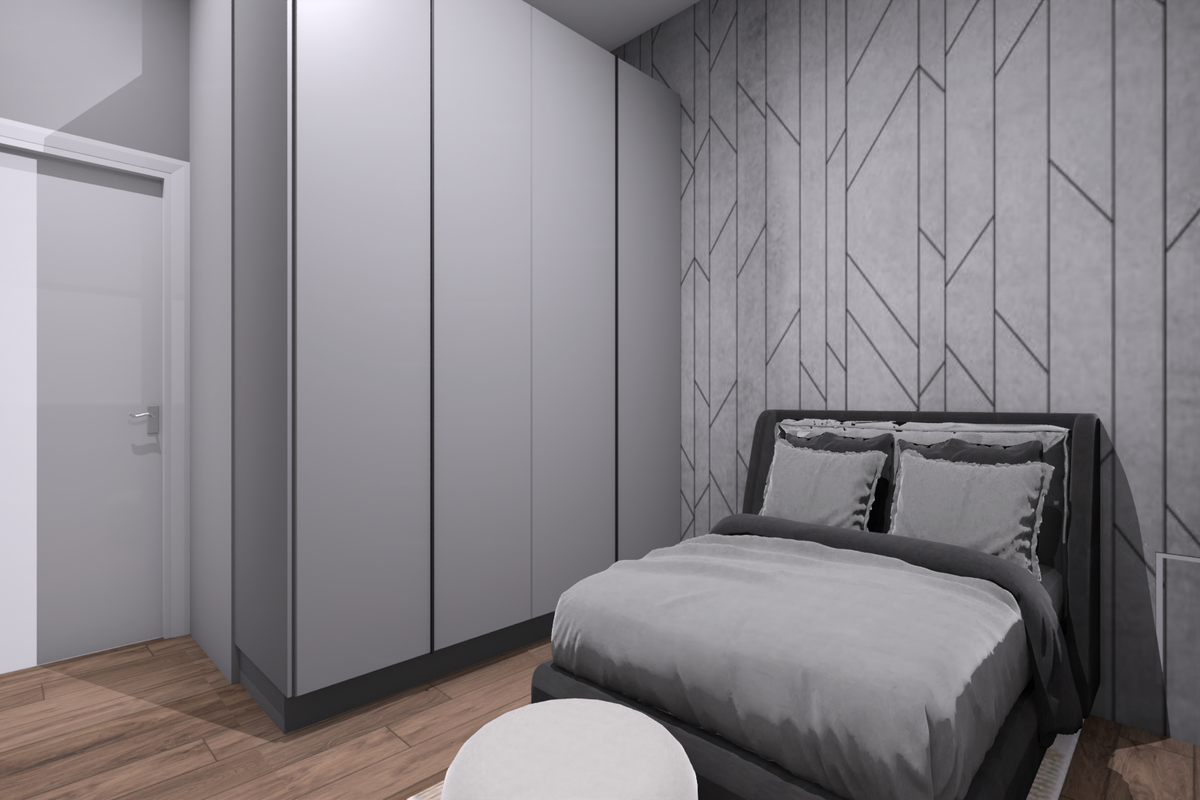 A modern bedroom featuring built-in floor-to-ceiling wardrobes and a decorative geometric feature wall.