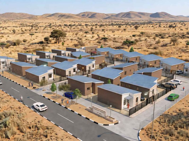 An aerial perspective of a modern townhouse development complex featuring multiple residential units, paved access roads, and perimeter fencing in a desert landscape.