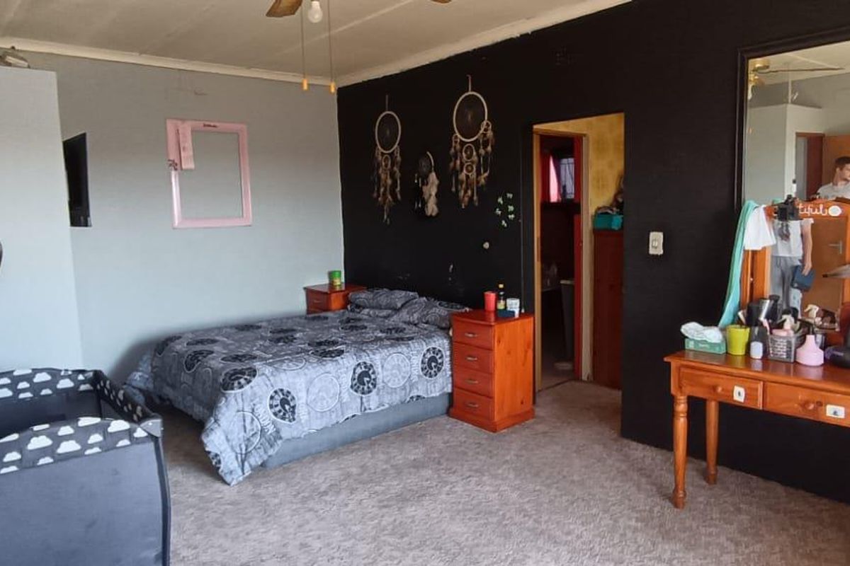 A bedroom featuring carpeted flooring, a ceiling fan, and a large wall-mounted mirror, with dark accent wall paint.