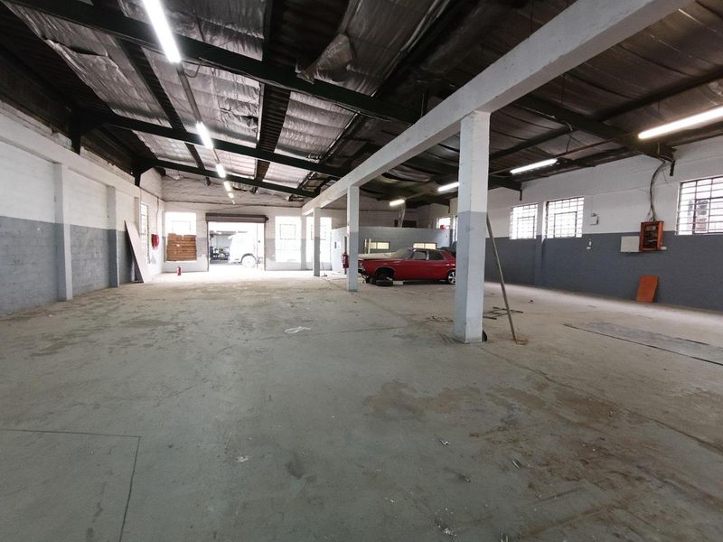 Spacious industrial warehouse featuring high ceilings with exposed steel trusses, concrete flooring, and large roller shutter access, suitable for various commercial or storage uses.