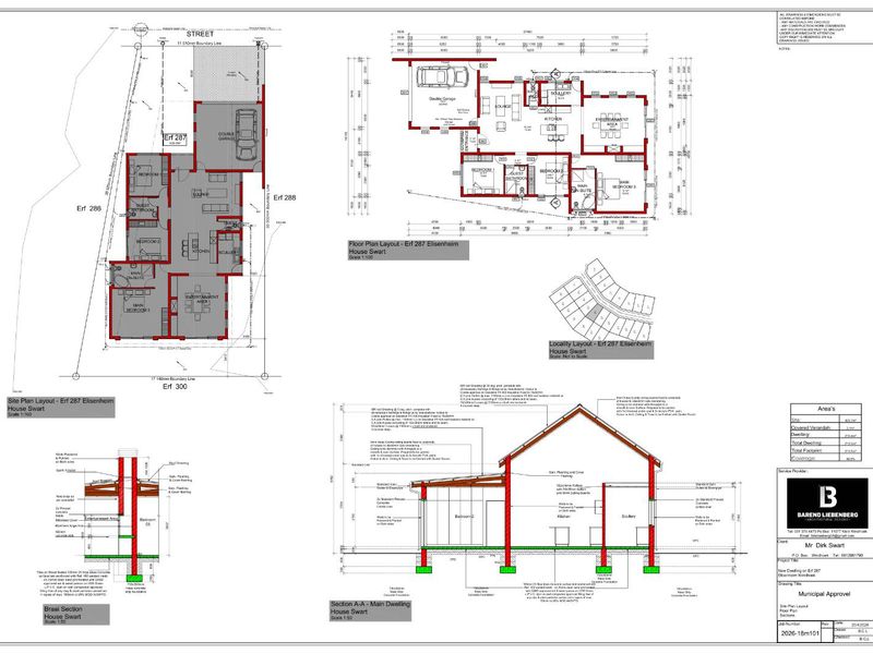 Architectural floor plan and site layout for a residential property featuring a double garage, open plan living areas, and three bedrooms.