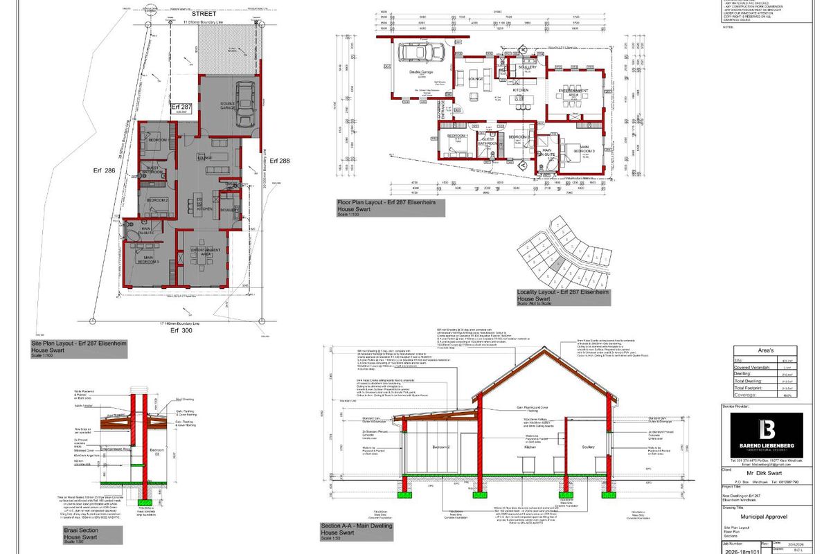 Architectural floor plan and site layout for a residential property featuring a double garage, open plan living areas, and three bedrooms.
