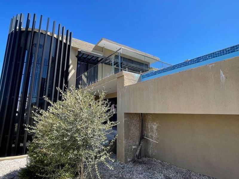 Rear exterior view featuring a raised swimming pool with glass balustrades, modern vertical architectural fins, and a gravel-landscaped garden area.