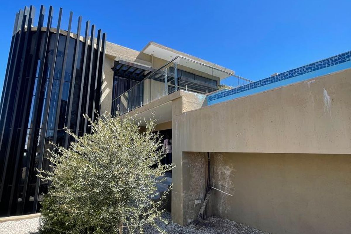Rear exterior view featuring a raised swimming pool with glass balustrades, modern vertical architectural fins, and a gravel-landscaped garden area.