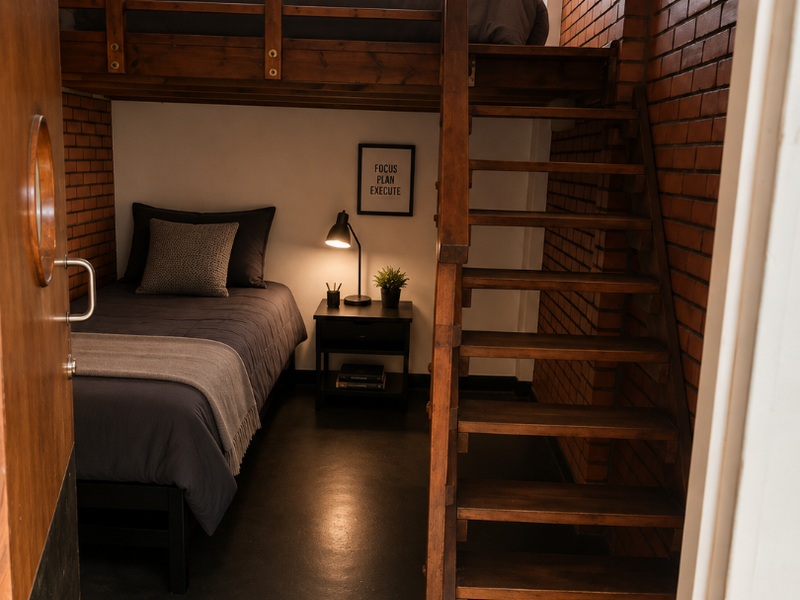 A unique bedroom featuring exposed brick walls, a built-in wooden loft structure with a staircase, and polished concrete flooring.