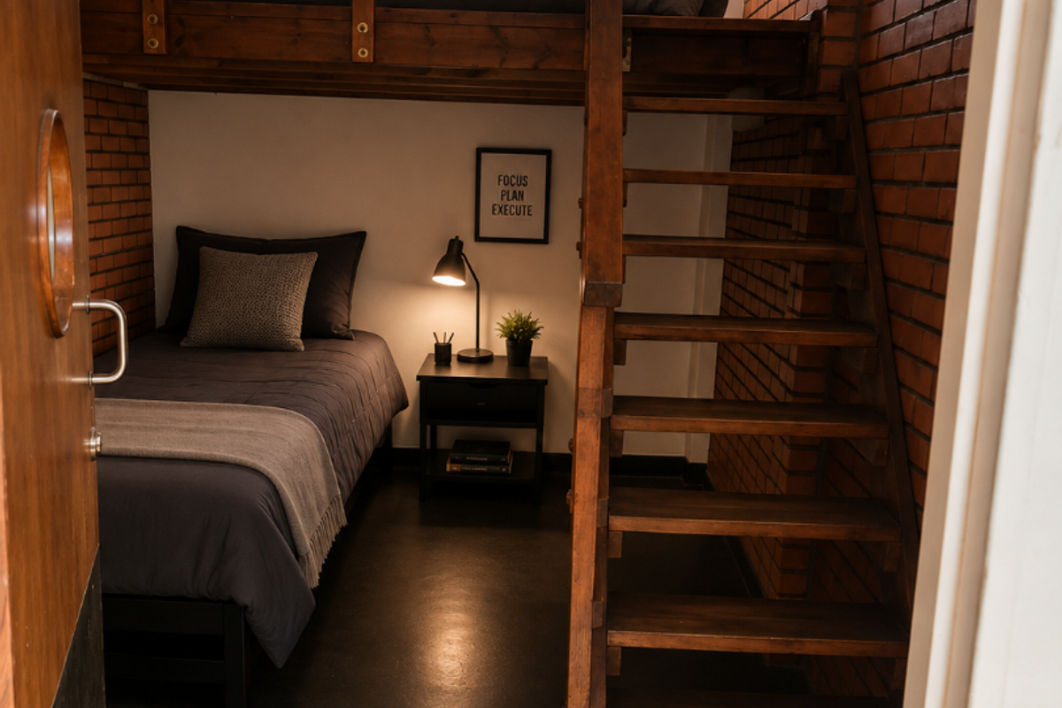 A unique bedroom featuring exposed brick walls, a built-in wooden loft structure with a staircase, and polished concrete flooring.