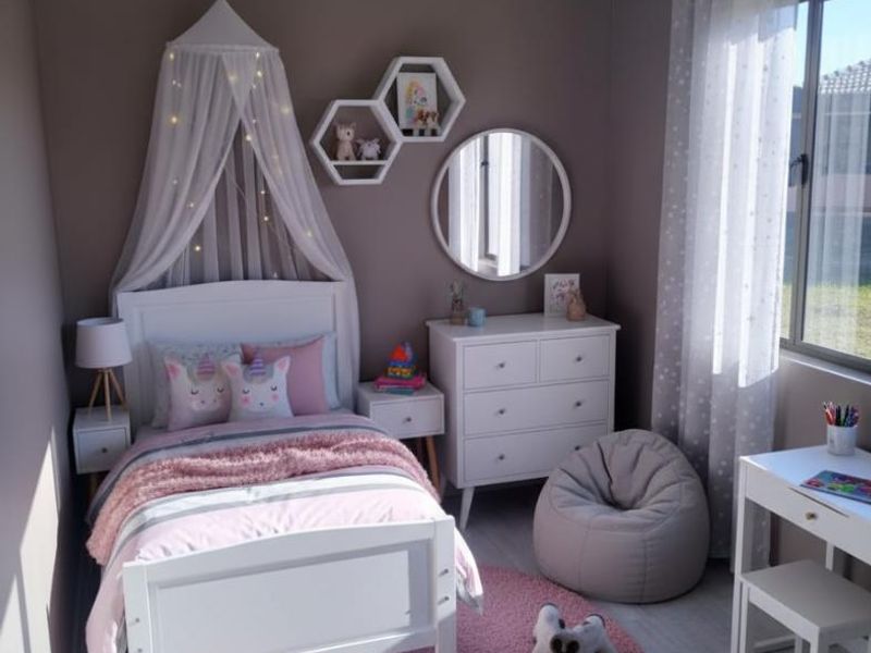 A well-maintained bedroom featuring neutral wall tones, tiled flooring, and natural light through a side window.