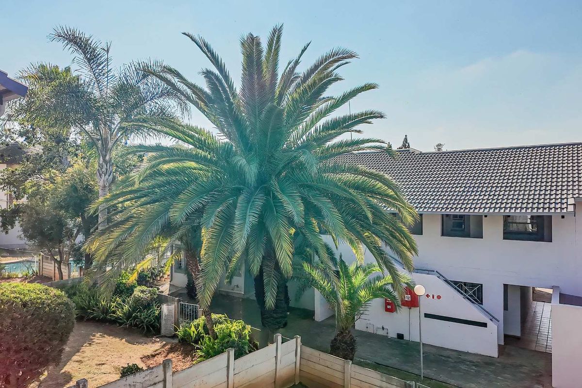 An elevated view of the apartment complex rear exterior, featuring mature palm trees, a tiled roof, and a concrete boundary wall.