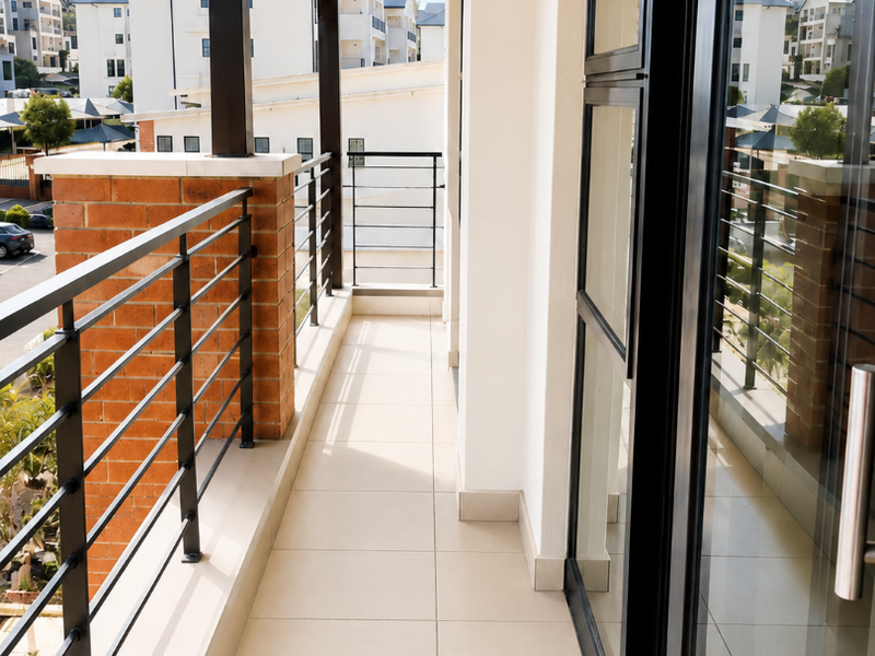 A clean, modern balcony featuring tiled flooring, a metal balustrade, and a covered pergola, providing a bright outdoor space with sliding glass door access.