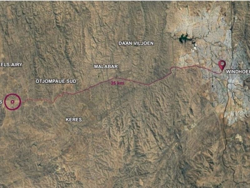 Satellite map view showing the location of the property relative to Windhoek, indicating a distance of approximately 35 kilometers.