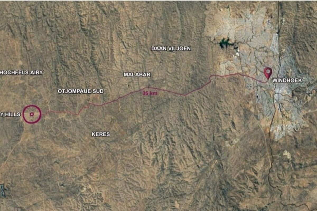 Satellite map view showing the location of the property relative to Windhoek, indicating a distance of approximately 35 kilometers.