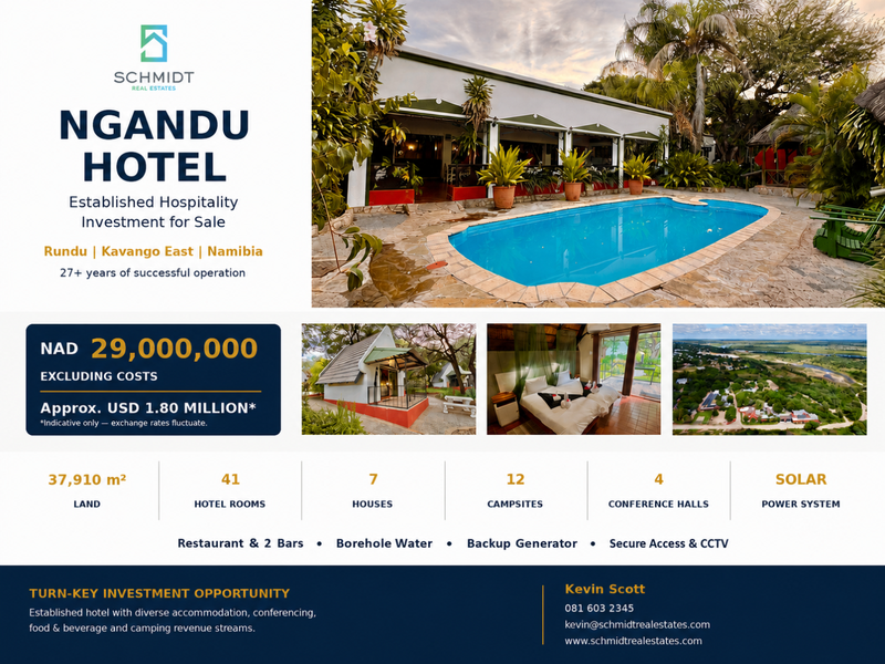 A promotional marketing flyer for the Ngandu Hotel in Rundu, Namibia, showcasing property highlights, amenities, and investment details.