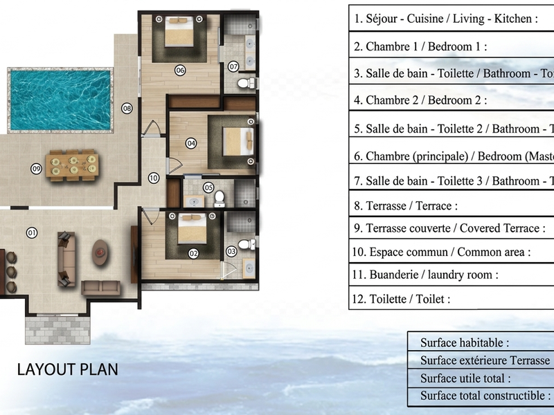 A detailed architectural floor plan showing a residential layout with three bedrooms, multiple bathrooms, an open-plan living area, laundry, and outdoor terrace with pool.